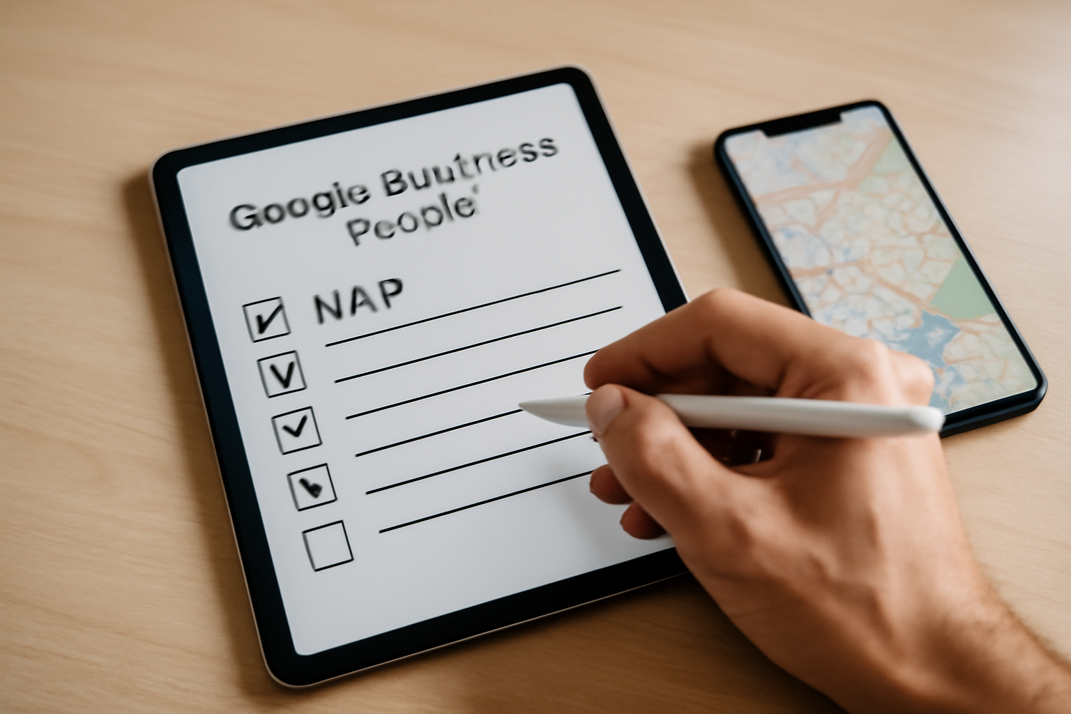 Vue d’un tableau de contrôle avec checklist SEO local sur tablette