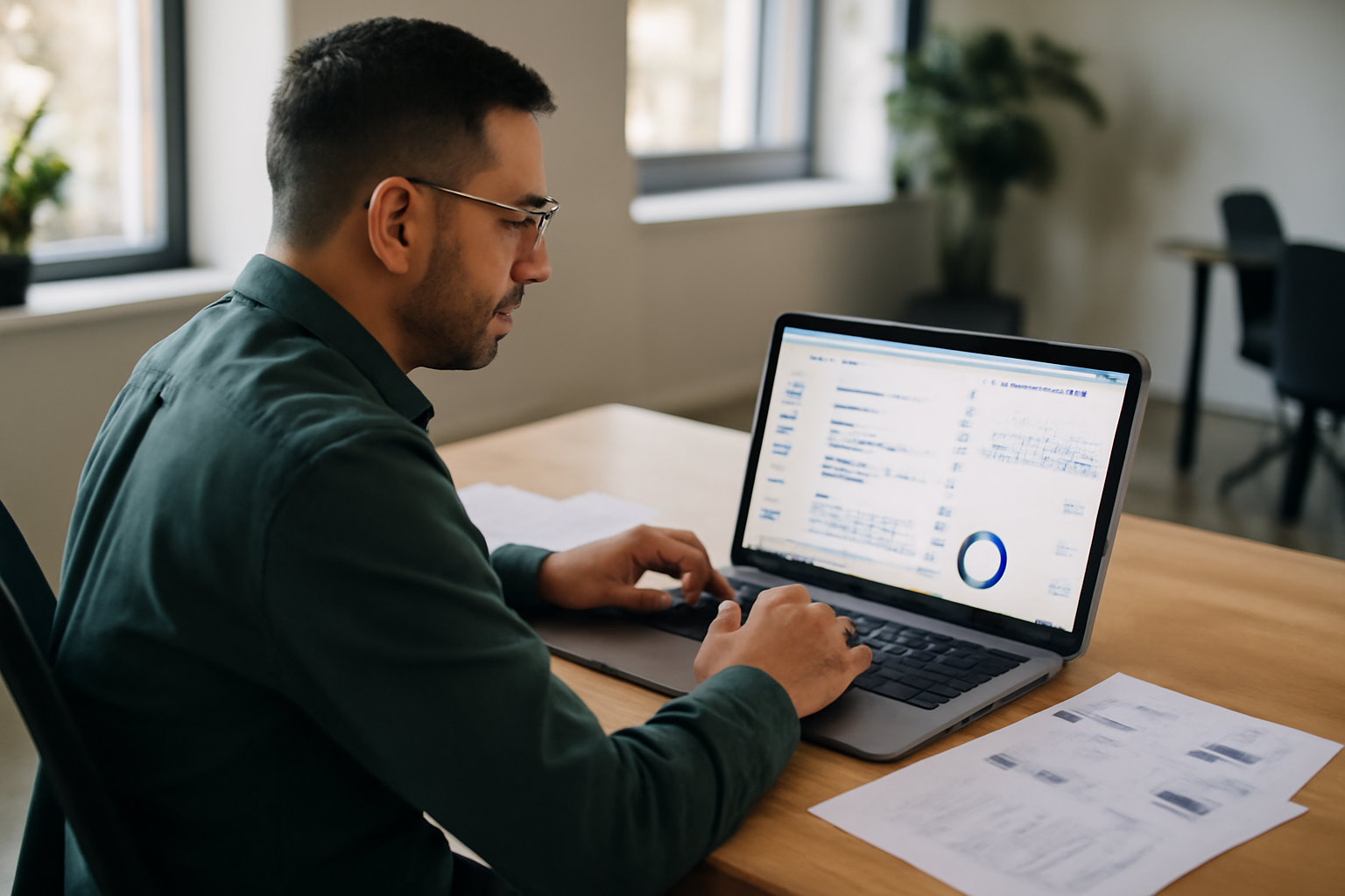 Technicien local travaillant sur un ordinateur avec des captures de Google Business Profile et des métriques SEO sur un écran