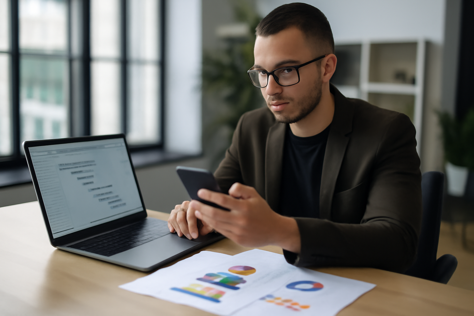 Équipe marketing échangeant autour d’un ordinateur portable avec un tableau de suivi SEO local dans un bureau lumineux