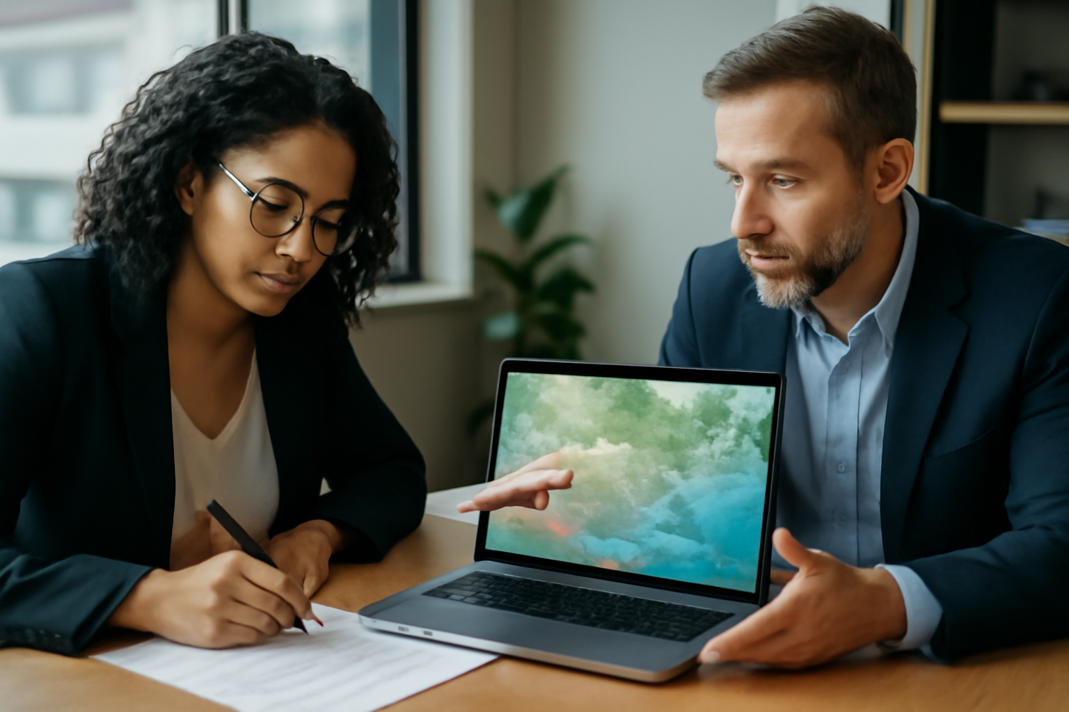 Deux collaborateurs annotant un document et discutant autour d’une table avec un ordinateur affichant une carte de zone géographique