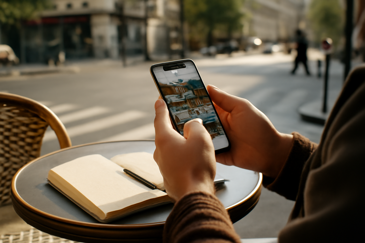 ecrire une bio instagram sur smartphone devant un café à Paris
