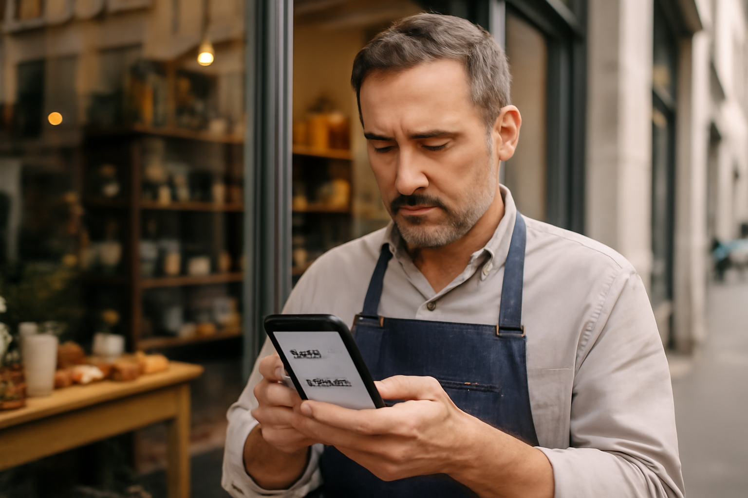 Technicien local consultant sa fiche Google Business Profile sur un smartphone, devant un commerce vitré