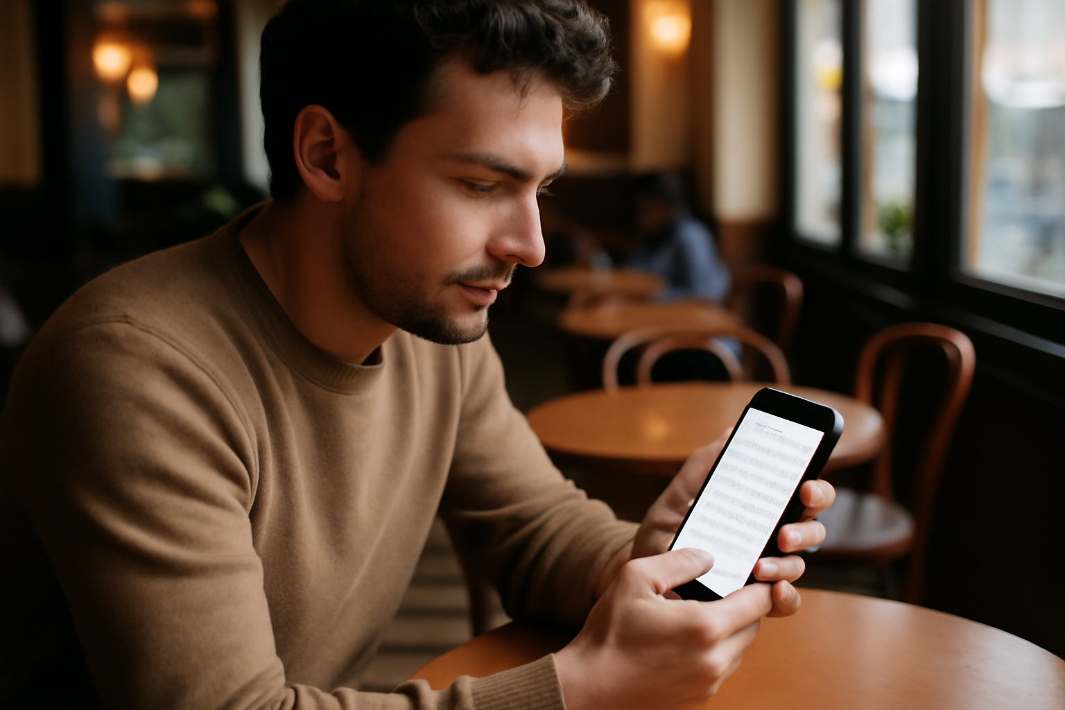Personne répondant à des avis Google sur un smartphone, café à la main, devant un commerce local