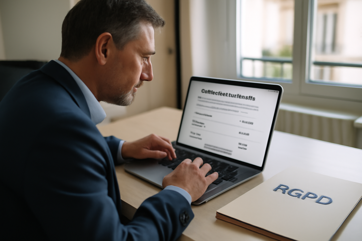 Bureau avec documents RGPD et écran affichant une page de gestion des cookies, ambiance professionnelle