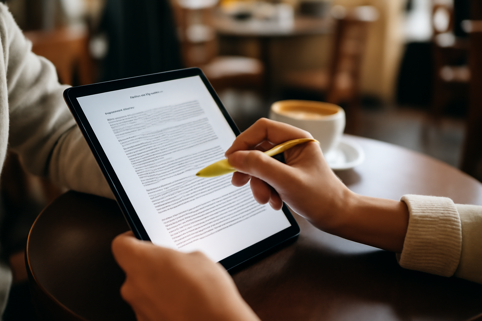 Personne relisant un document juridique sur tablette et validant des informations en ligne, scène photoréaliste en France
