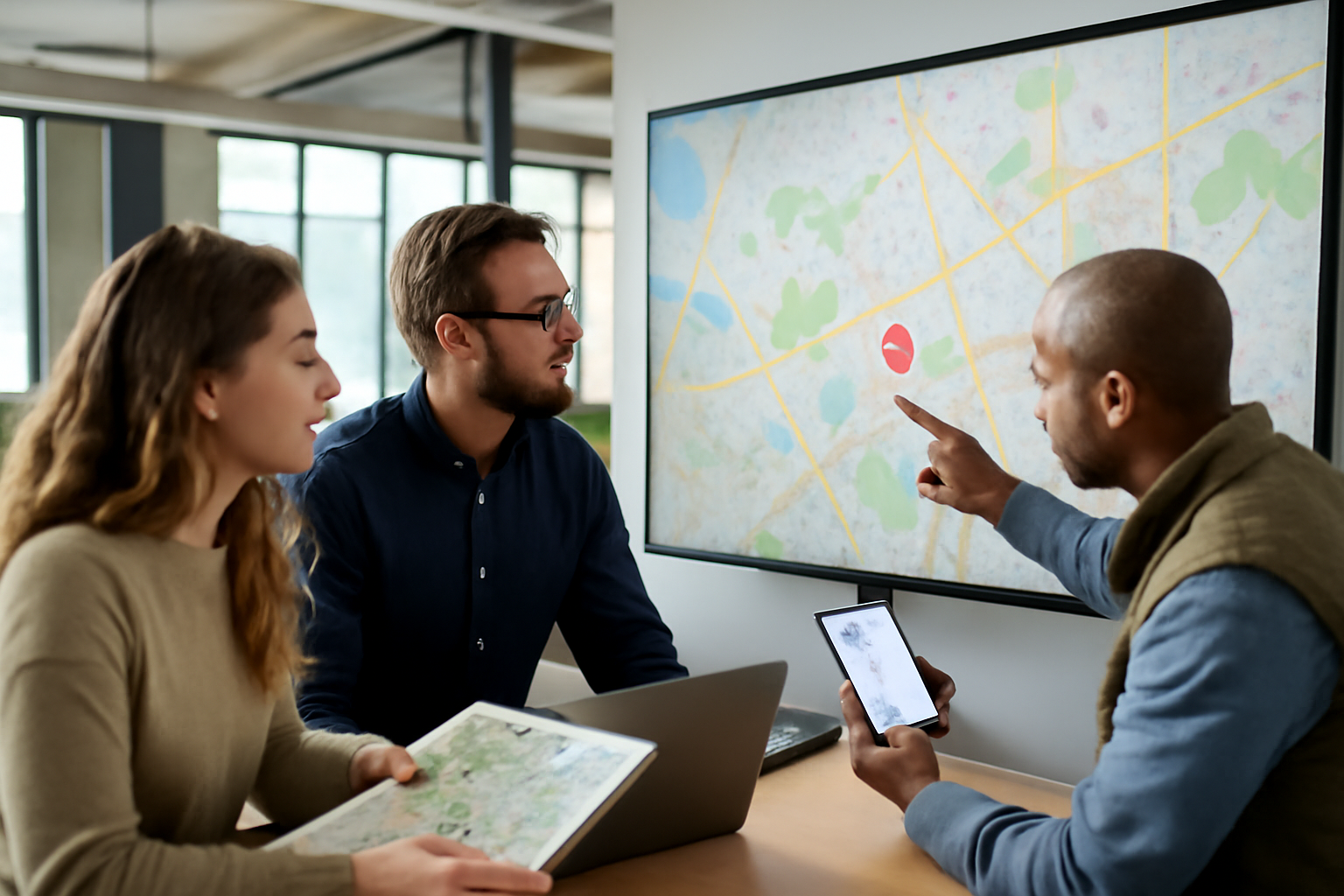 Équipe marketing et responsable terrain consultant une carte de zone d’intervention sur un écran dans un open space