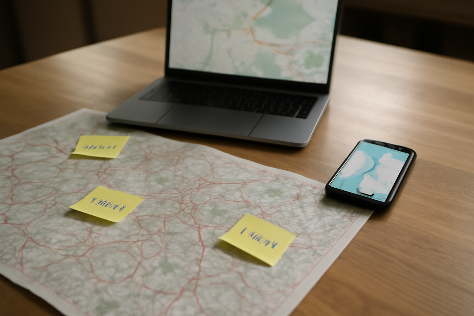 Carte d’une zone d’intervention avec points d’accès et badges de communes sur une table de travail