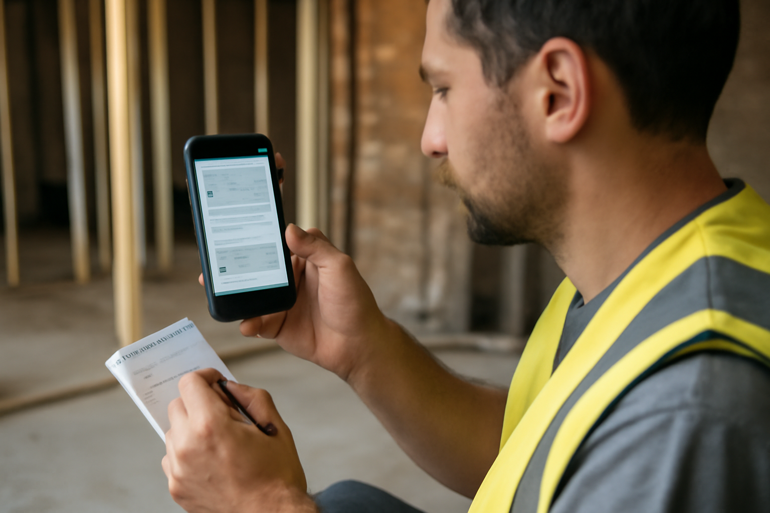 Technicien sur chantier prenant une photo avant intervention puis notant l’adresse sur un smartphone