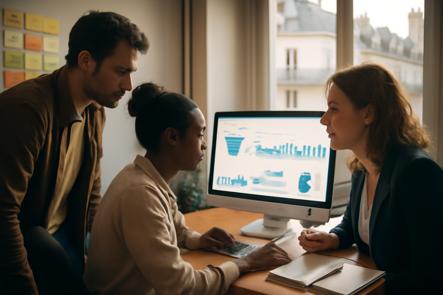 Growth hacking définition : réunion d’équipe marketing et produit avec tableaux de bord sur écran, Paris, lumière naturelle