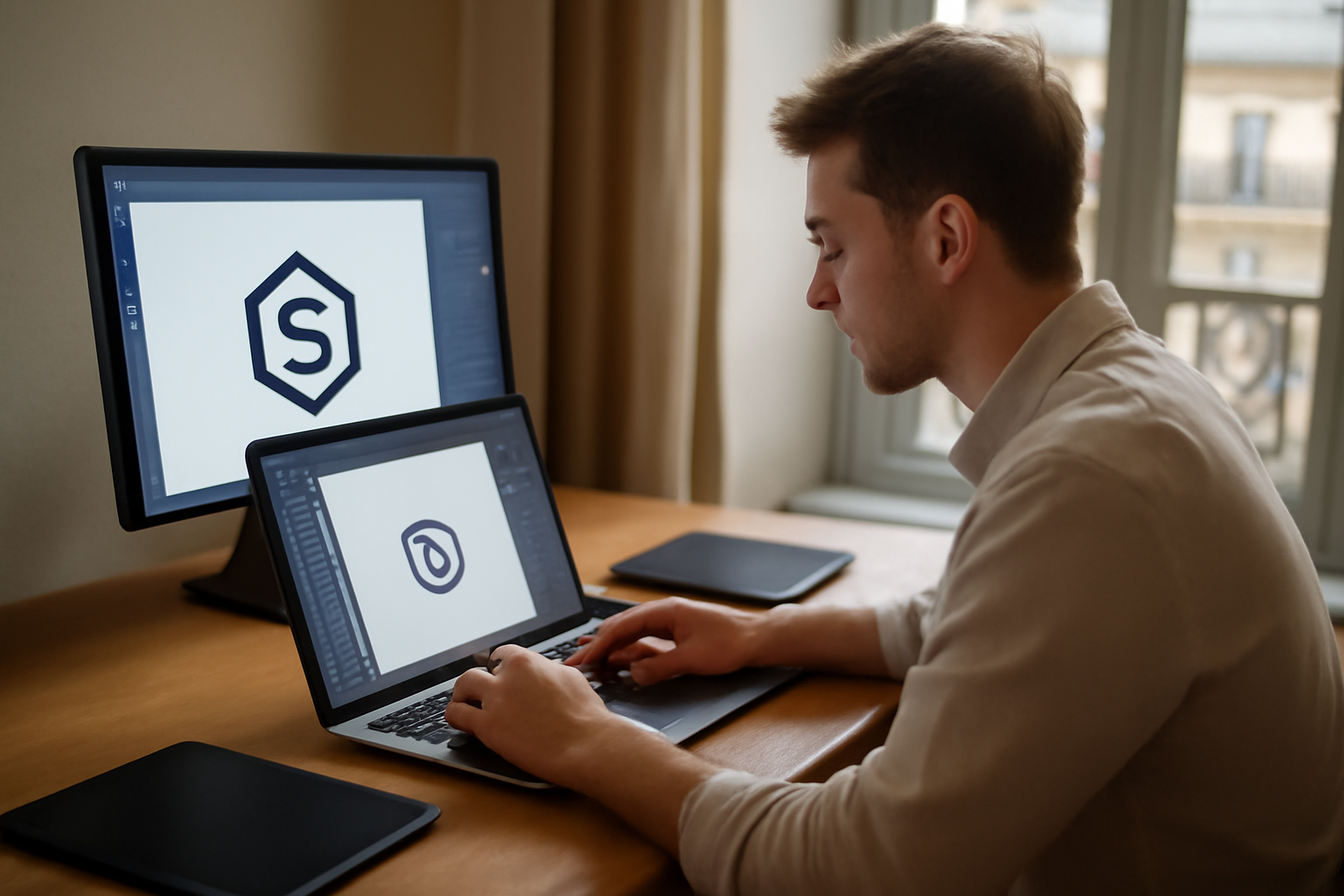 Conversion image to svg : un designer vérifie un fichier vectoriel sur un écran avec une table et un ordinateur portable