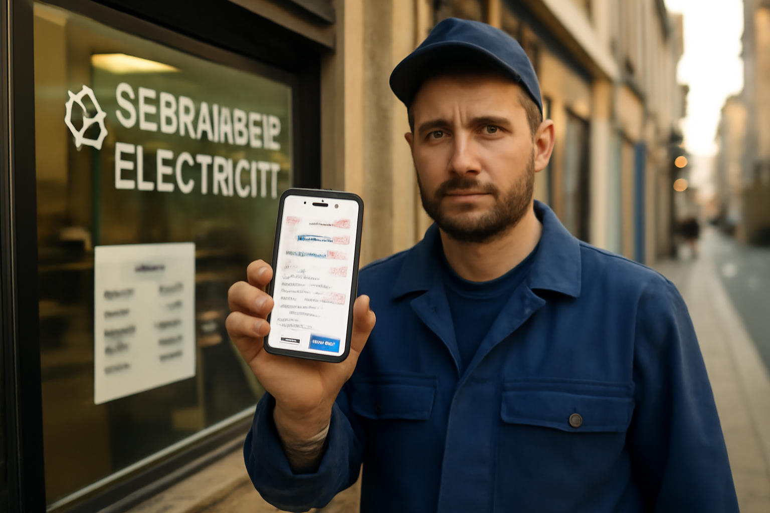 referencement google map : technicien devant une vitrine avec smartphone