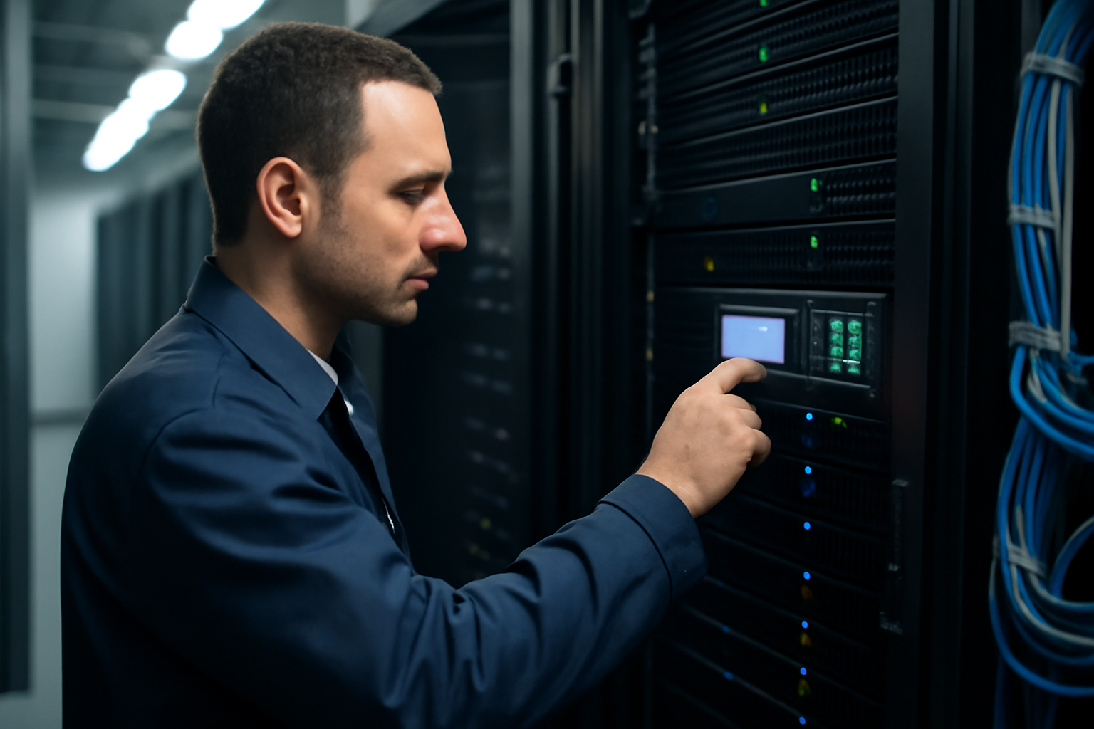 Technicien informatique configurant un cloud privé dans une salle serveurs en France, lumière naturelle