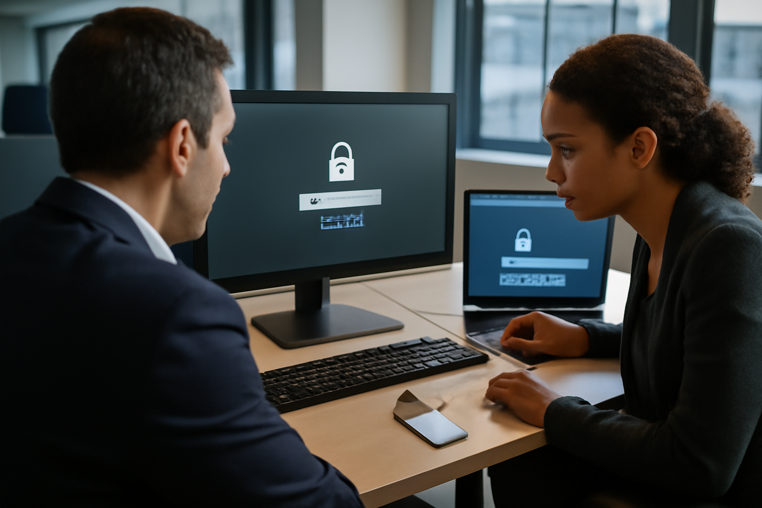 Extranet intranet : équipe en salle, accès sécurisé sur écran