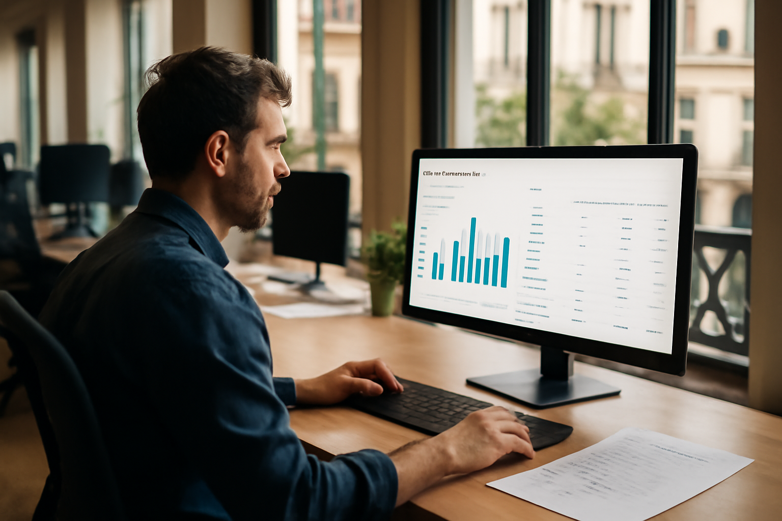 Technicien SEO analysant des backlinks sur un ordinateur en bureau à Paris