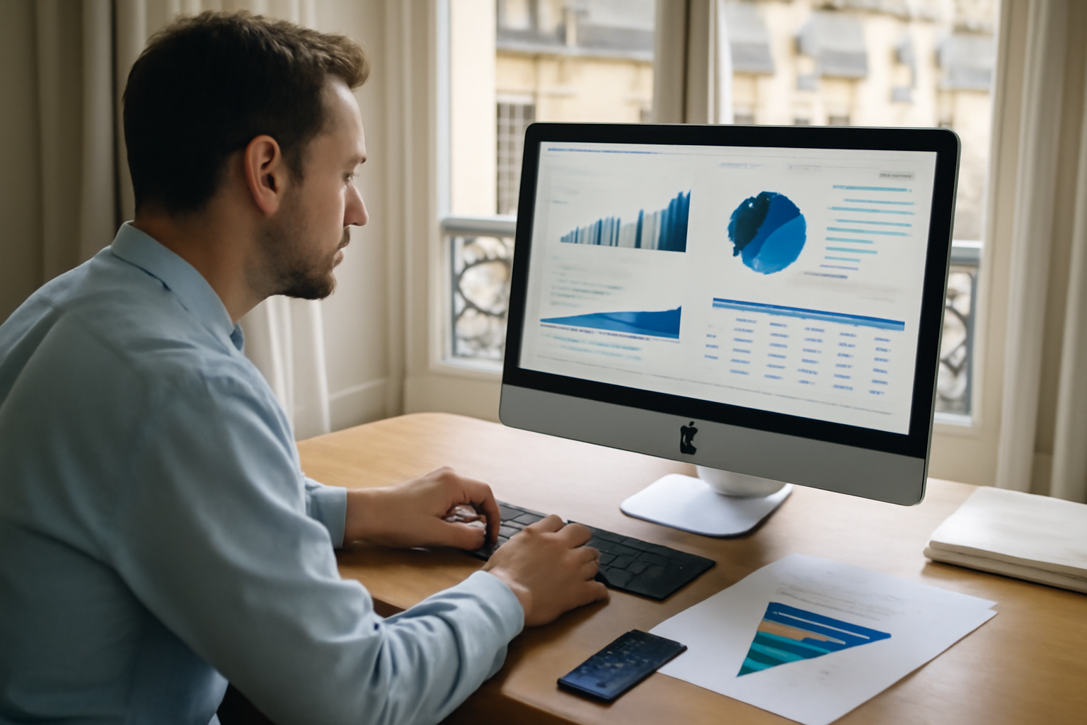 marketing funnel mesuré sur écran avec tableau de KPI et CRM dans un bureau à Paris