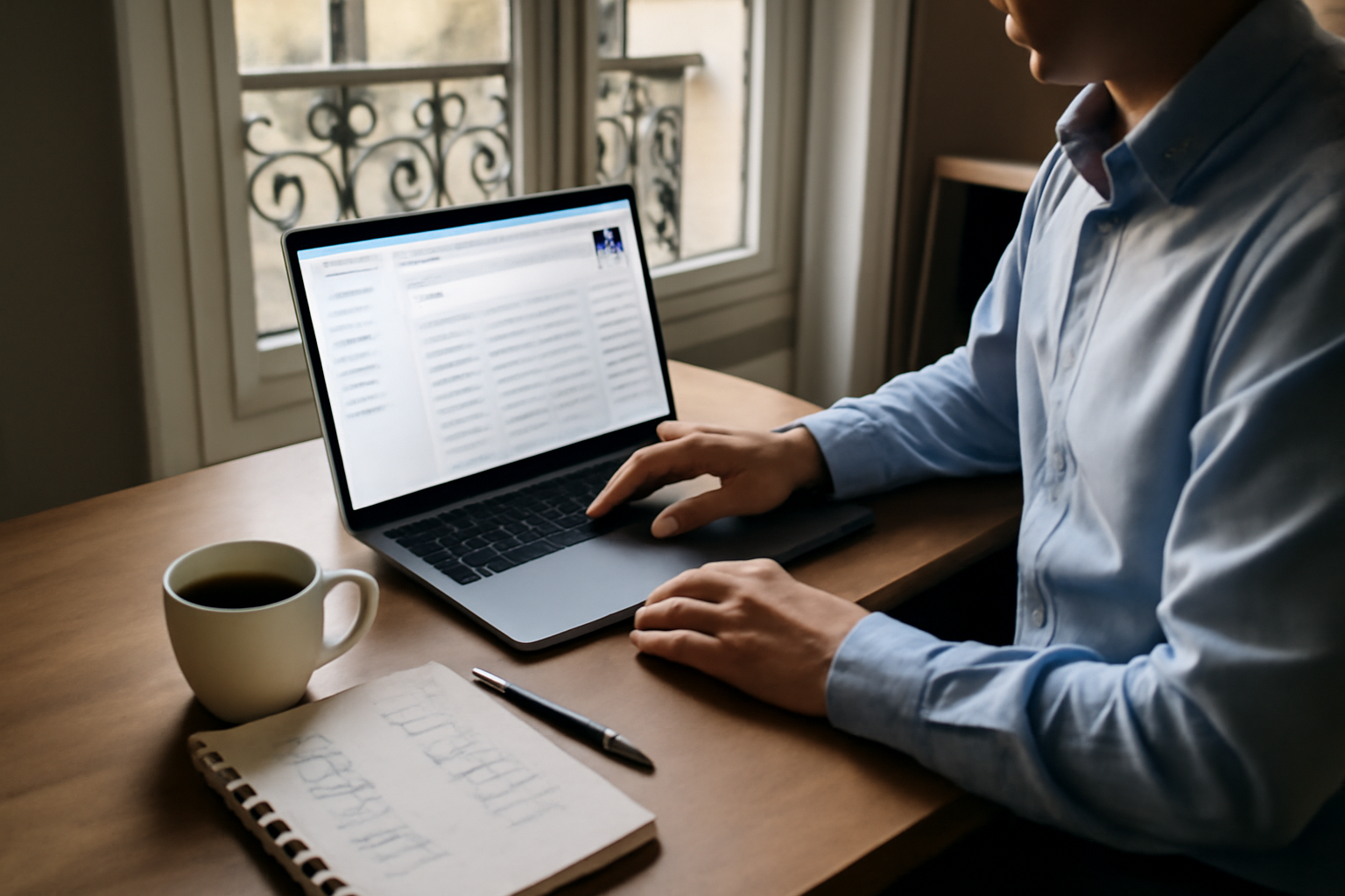 address finder email : recherche d’un email pro sur un écran d’ordinateur en France, bureau avec documents et café, lumière naturelle
