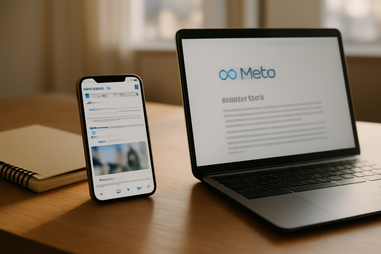 gafam de facebook : écran smartphone affichant Facebook et mentions légales Meta sur fond de bureau