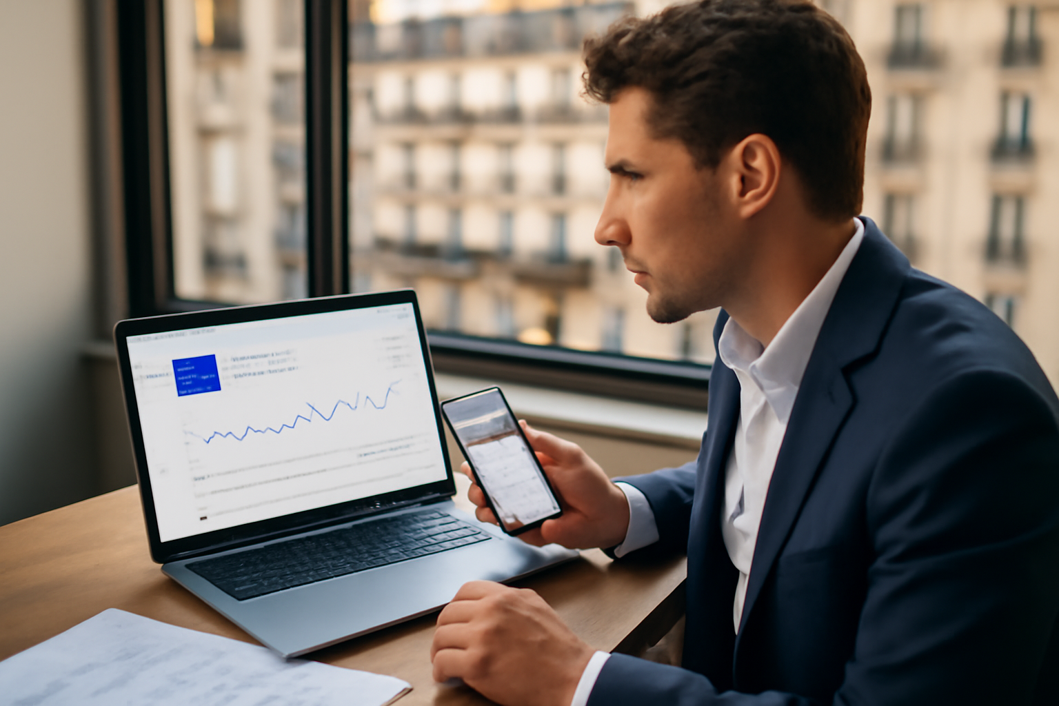 consultant seo paris analysant un tableau de bord SEO dans un bureau à Paris