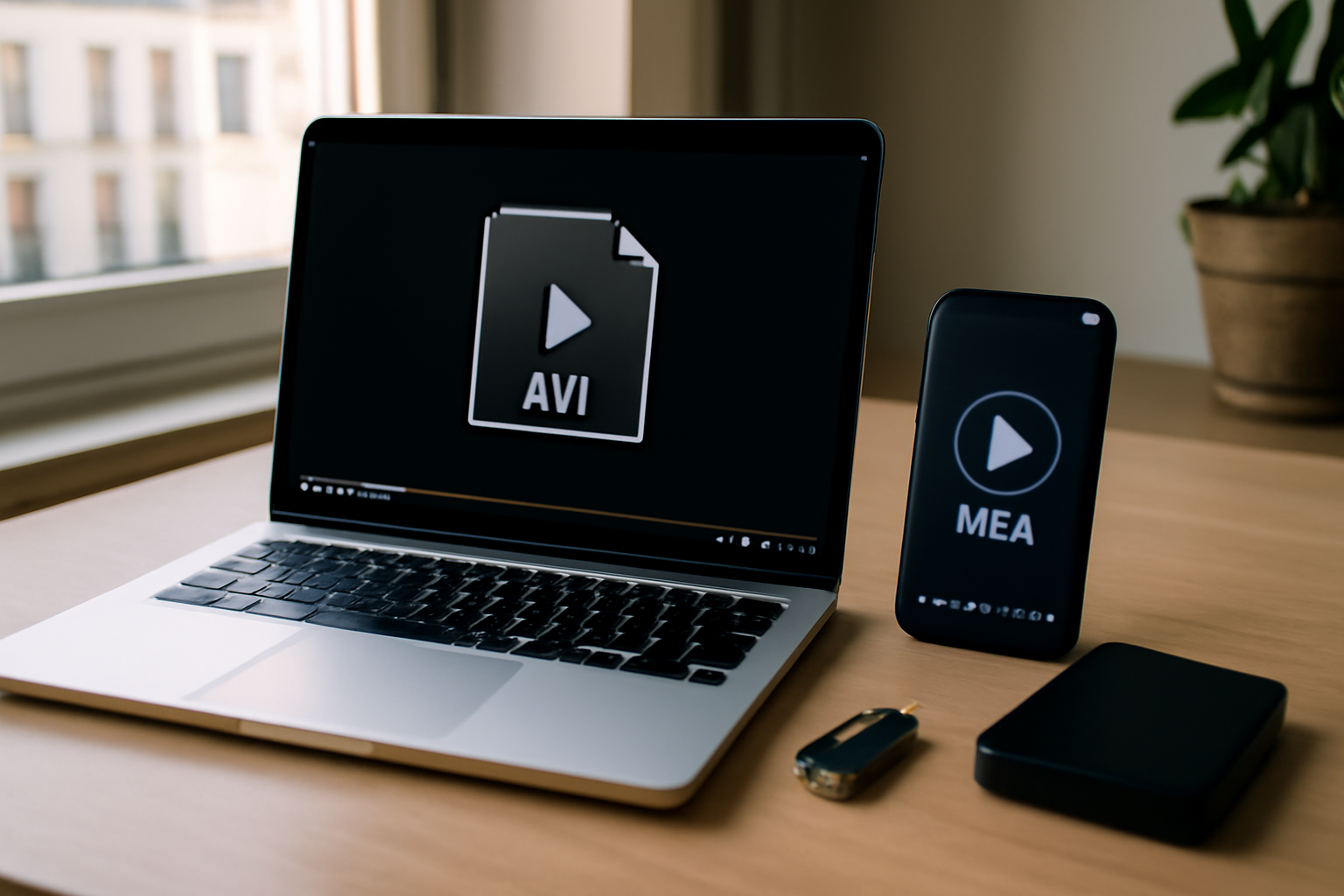 convertir avi en mp4 : ordinateur avec fichier AVI ouvert et export MP4 en cours