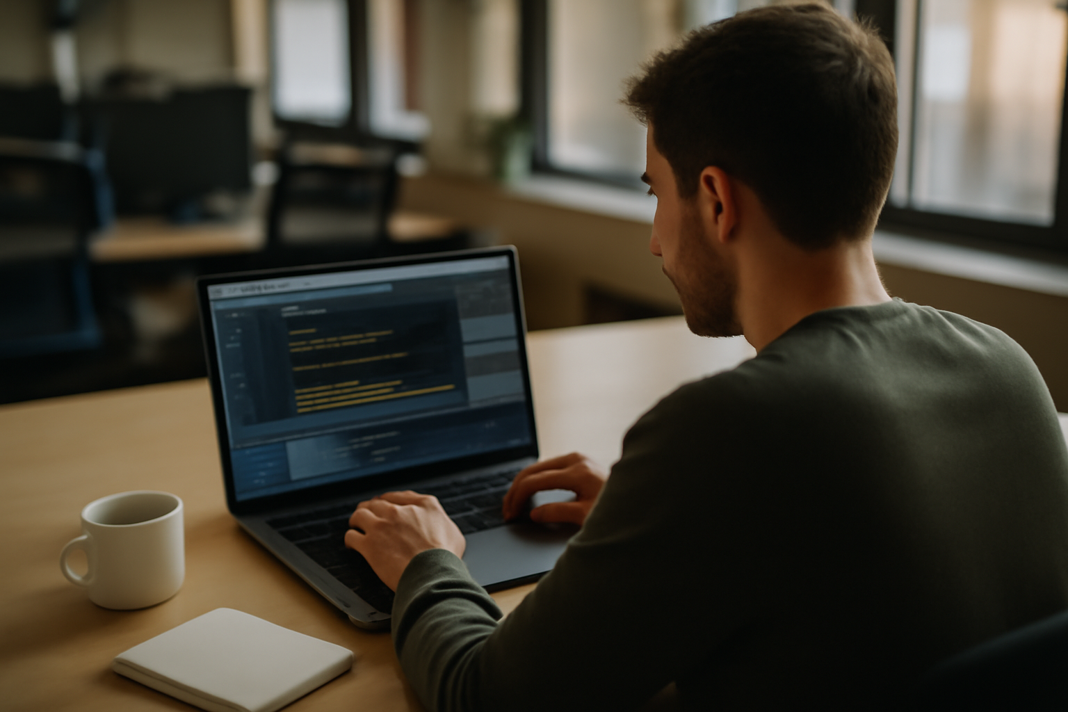 ide c est quoi : développeur utilisant une IDE sur un écran avec console et débogage