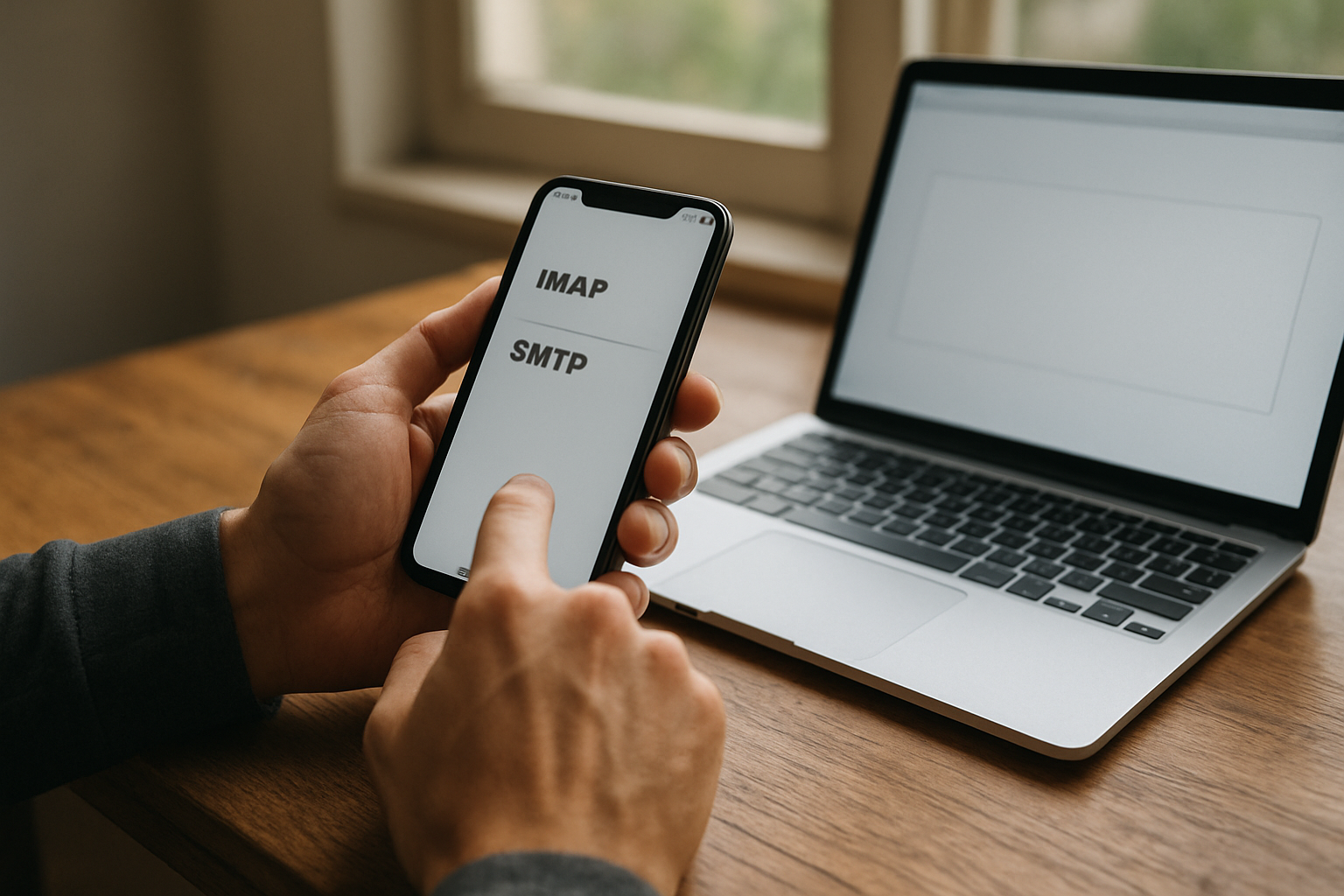 Configurer un mail Free sur un téléphone avec l’écran des réglages IMAP et SMTP, lumière naturelle, scène réaliste