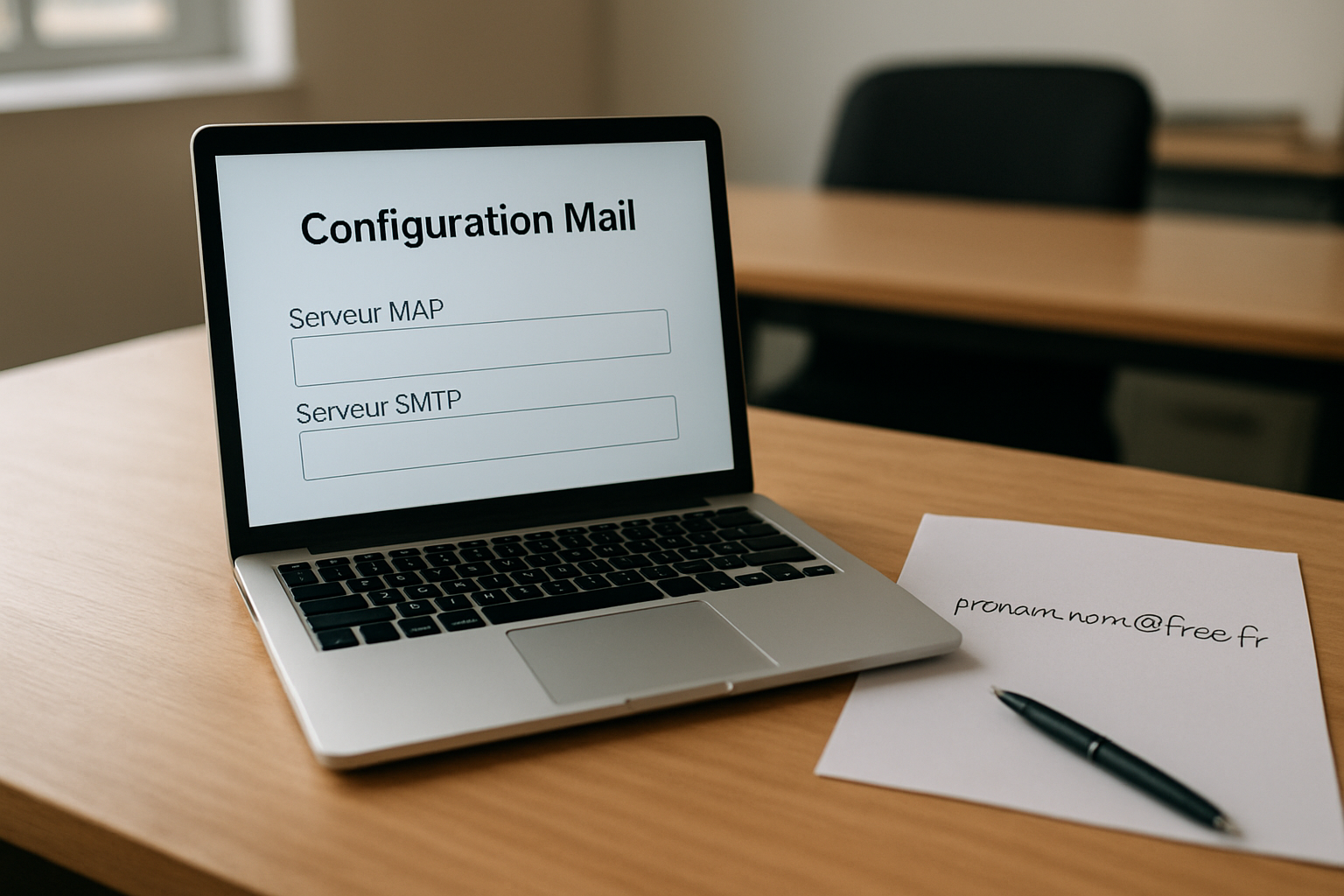 Écran d’ordinateur montrant la saisie des paramètres IMAP et SMTP pour un compte mail Free, ambiance bureau, photo réaliste