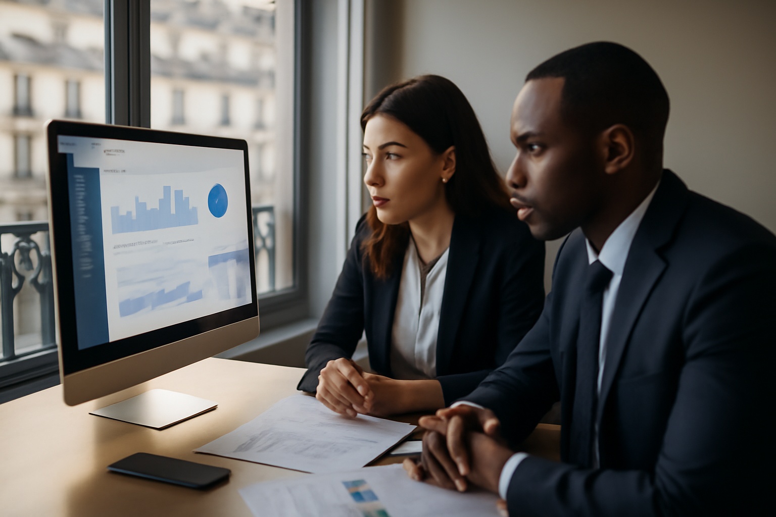 Équipe au bureau consultant un CRM sur un écran avec un tableau de bord client