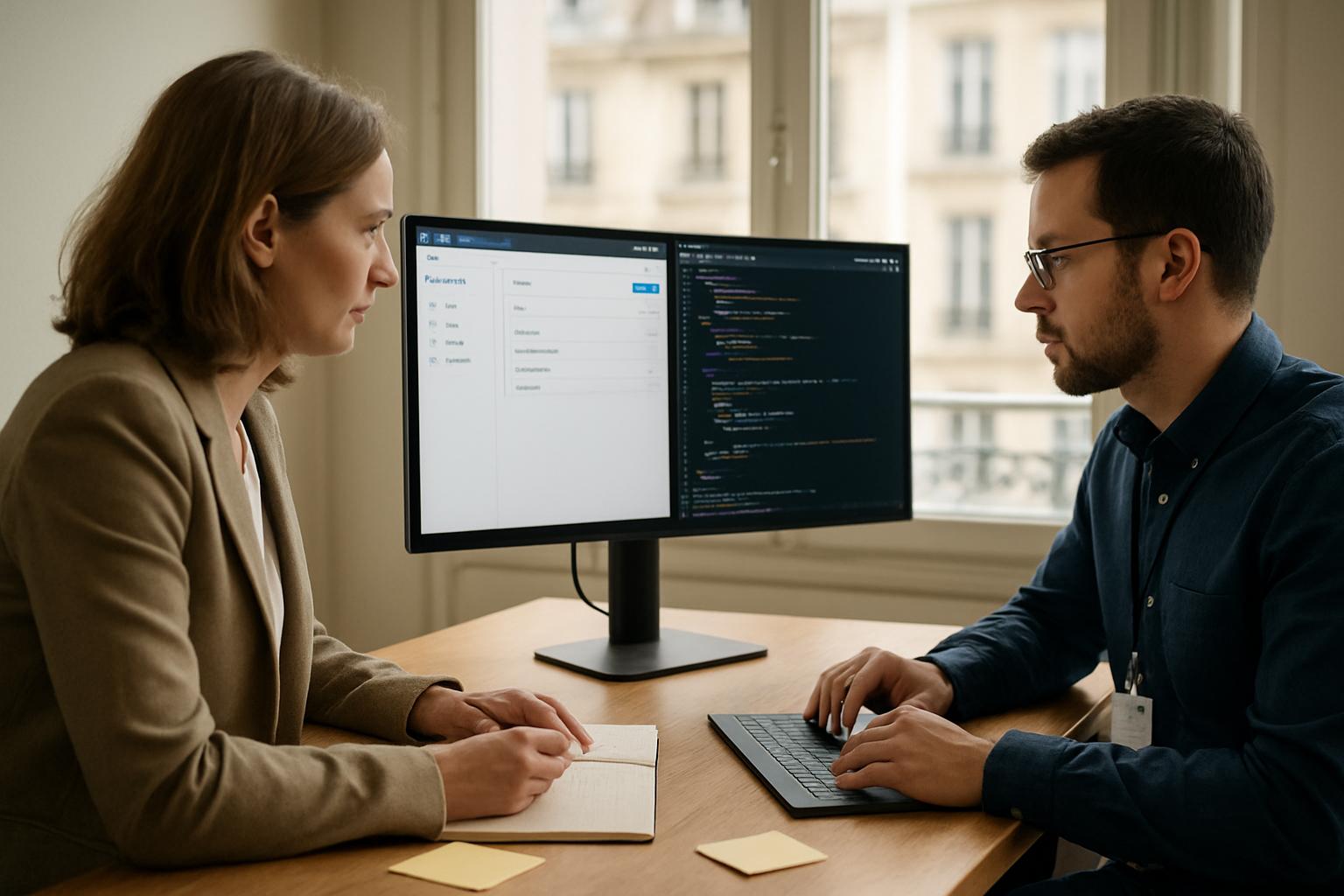Équipe web comparant CMS et framework sur un écran avec code et interface de publication