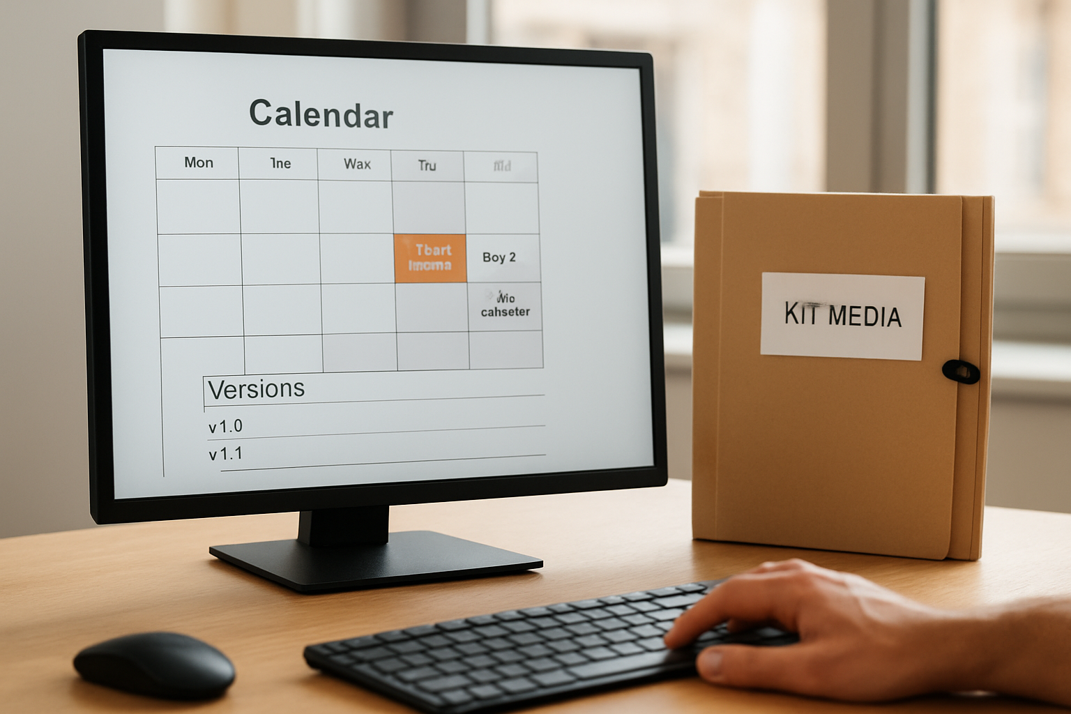 Calendrier d’envoi de dossier de presse avec relances et numéros de version sur un ordinateur
