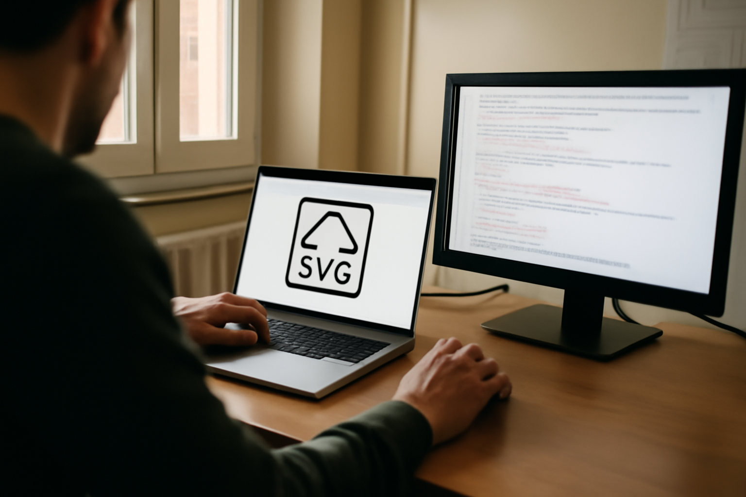 Fichier svg file extension affiché sur un écran avec un navigateur et un éditeur de code, ambiance bureau en France