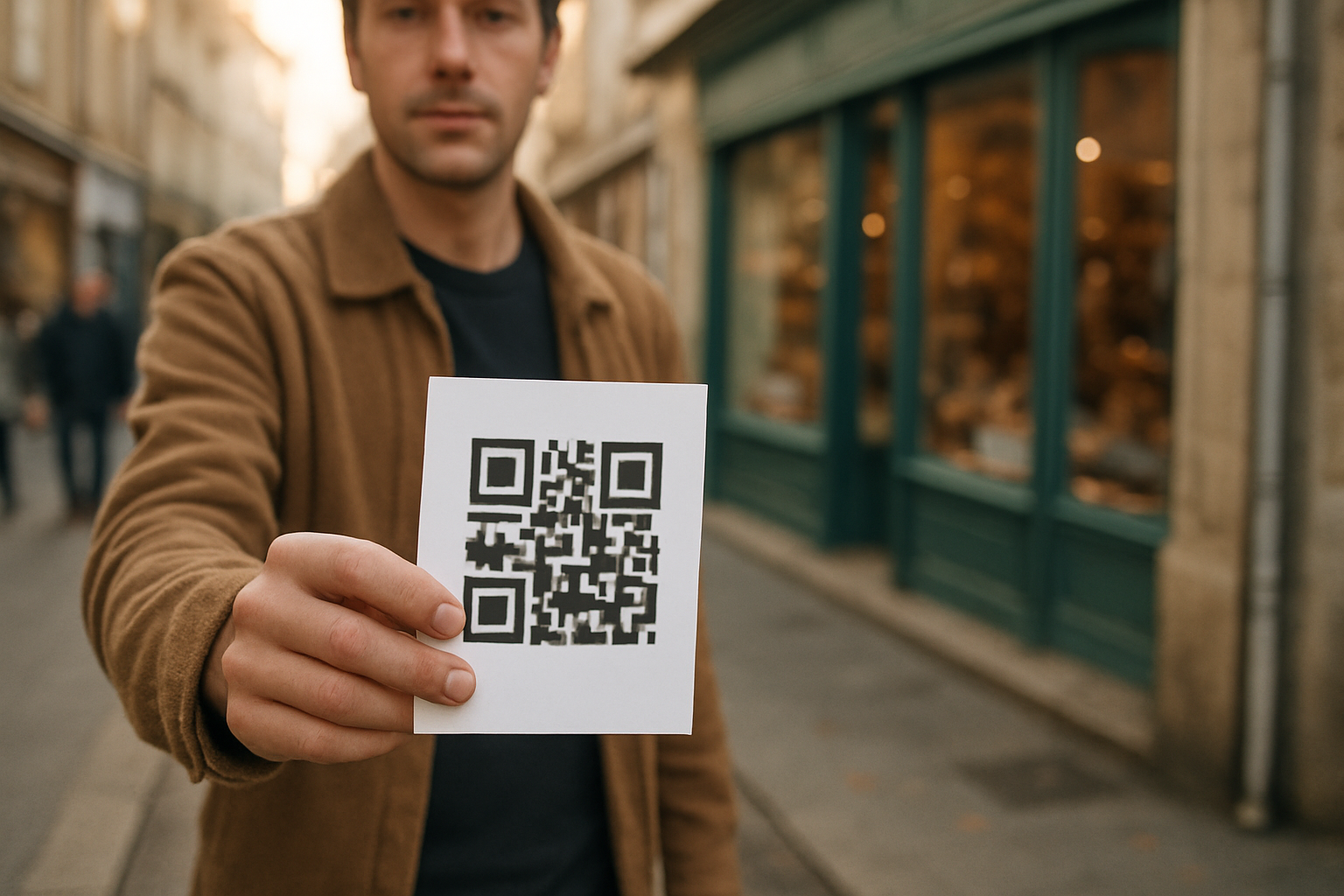 Flyer de campagne locale avec QR code distribué devant une boutique en France