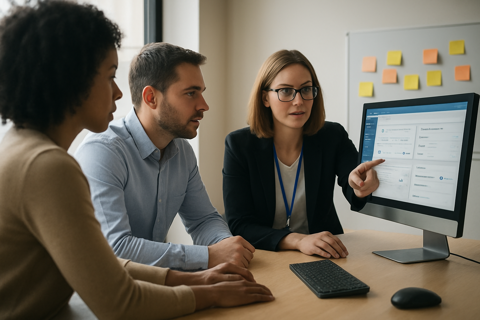 Équipe au bureau consultant un intranet sur écran avec accès sécurisé