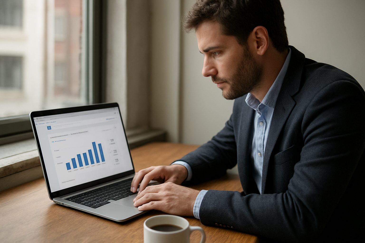 Écran montrant LinkedIn et métriques d’engagement, bureau en France, lumière naturelle