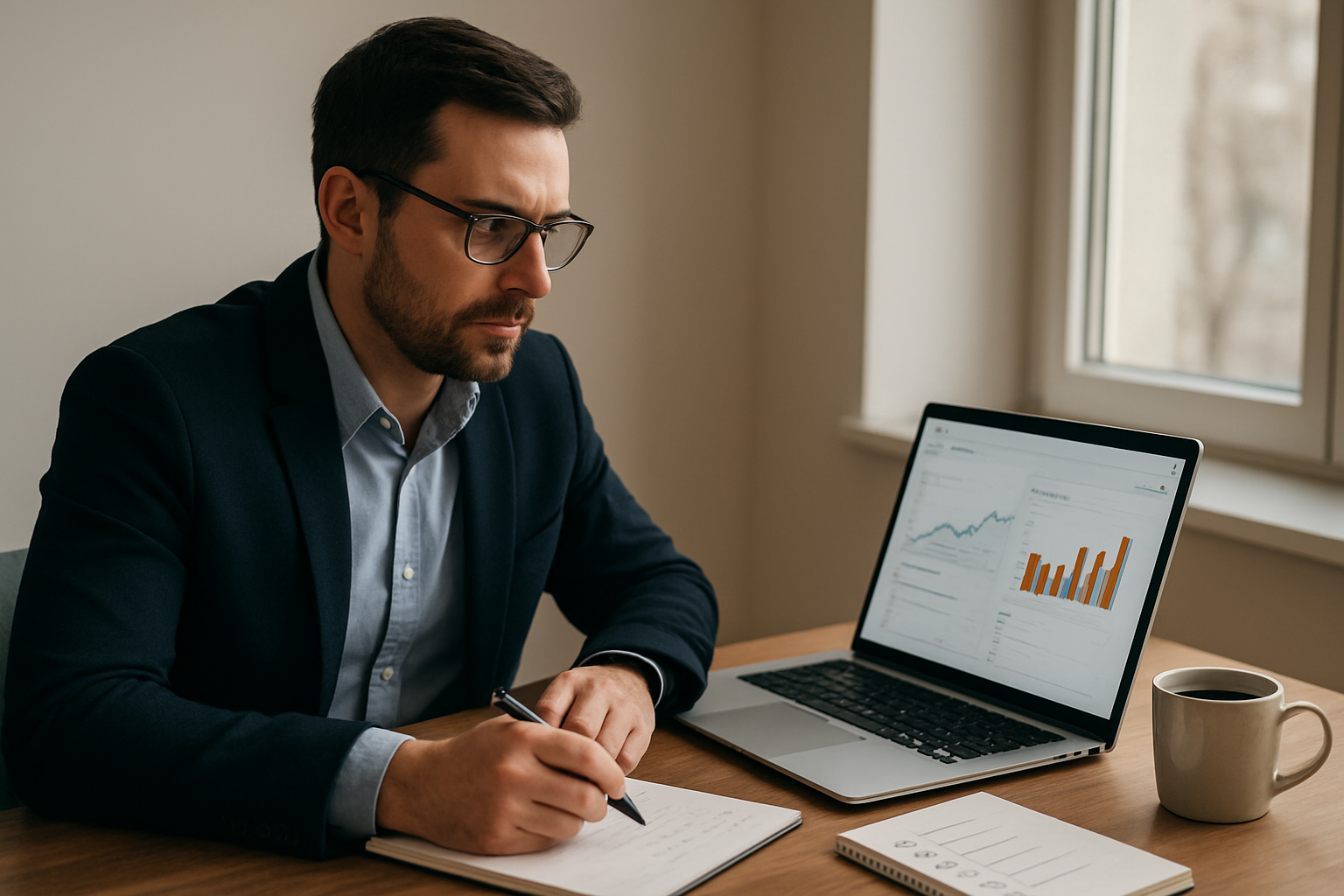 Consultant SEO analysant un tableau de bord Search Console et GA4 dans un bureau en France, écran avec graphiques