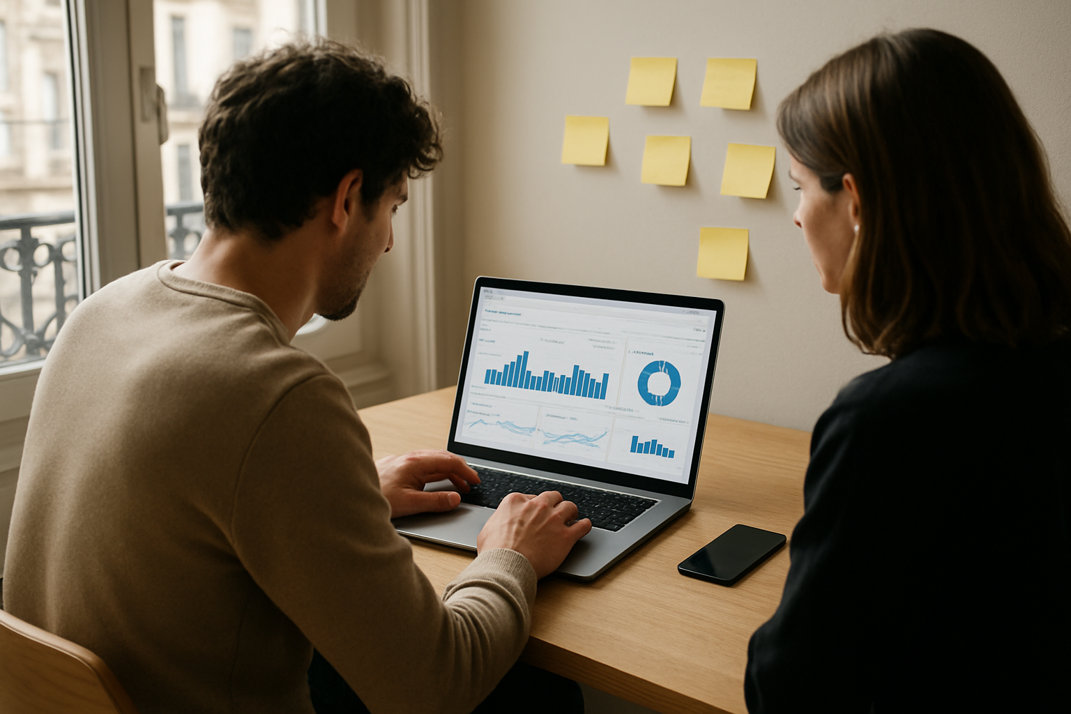 Équipe marketing vérifiant un tableau de bord de communication digitale sur écran, en bureau lumineux