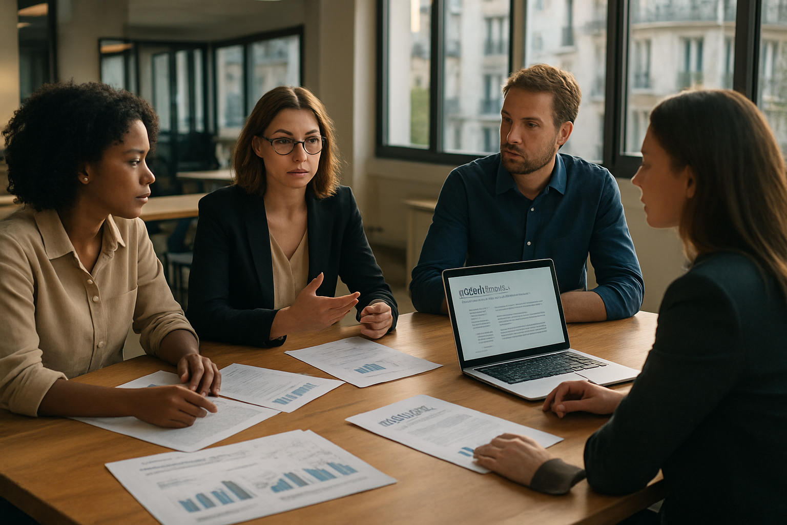 Équipe en salle de réunion analysant un rapport de gouvernance et un plan de communication institutionnelle